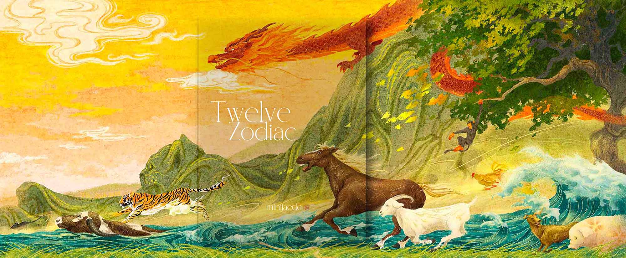 Twelve Zodiac Signs - From Chinese myth, they are Rat, Ox, Tiger, Rabbit, Dragon, Snake, Horse, Goat, Monkey, Rooster, Dog, Pig.